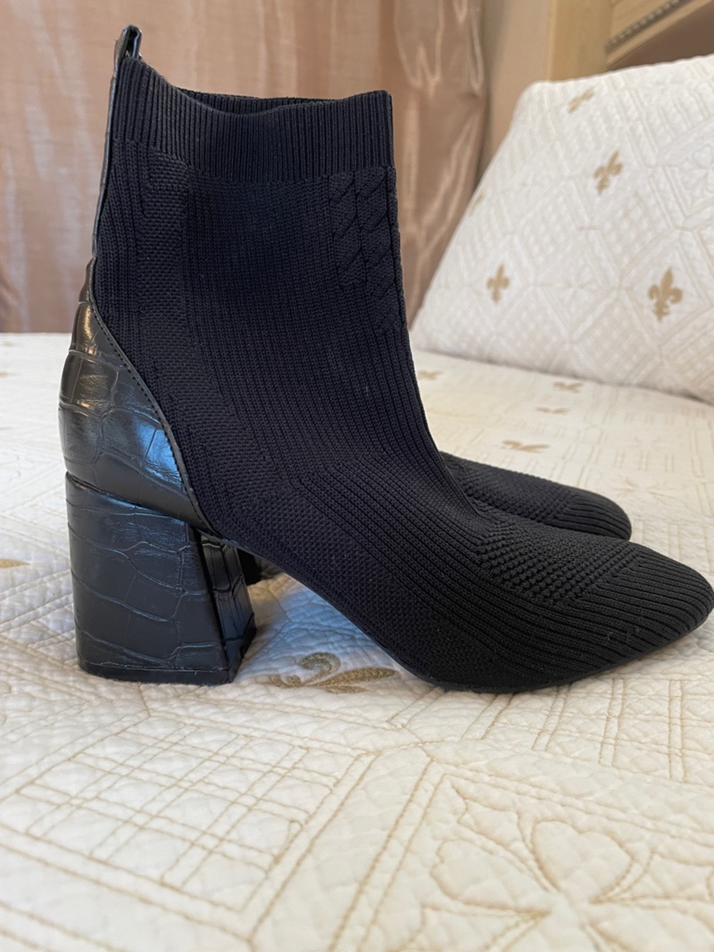 JANE AND THE SHOE Black Knit Sock Ankle Boots with Block Heel